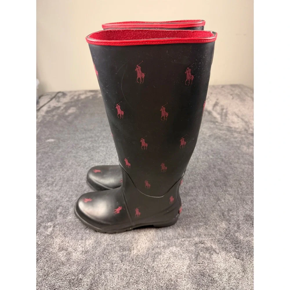 Polo Ralph Lauren Black Red Pony Logo Tall Rubber Rain Boots Mens 7 Womens 9